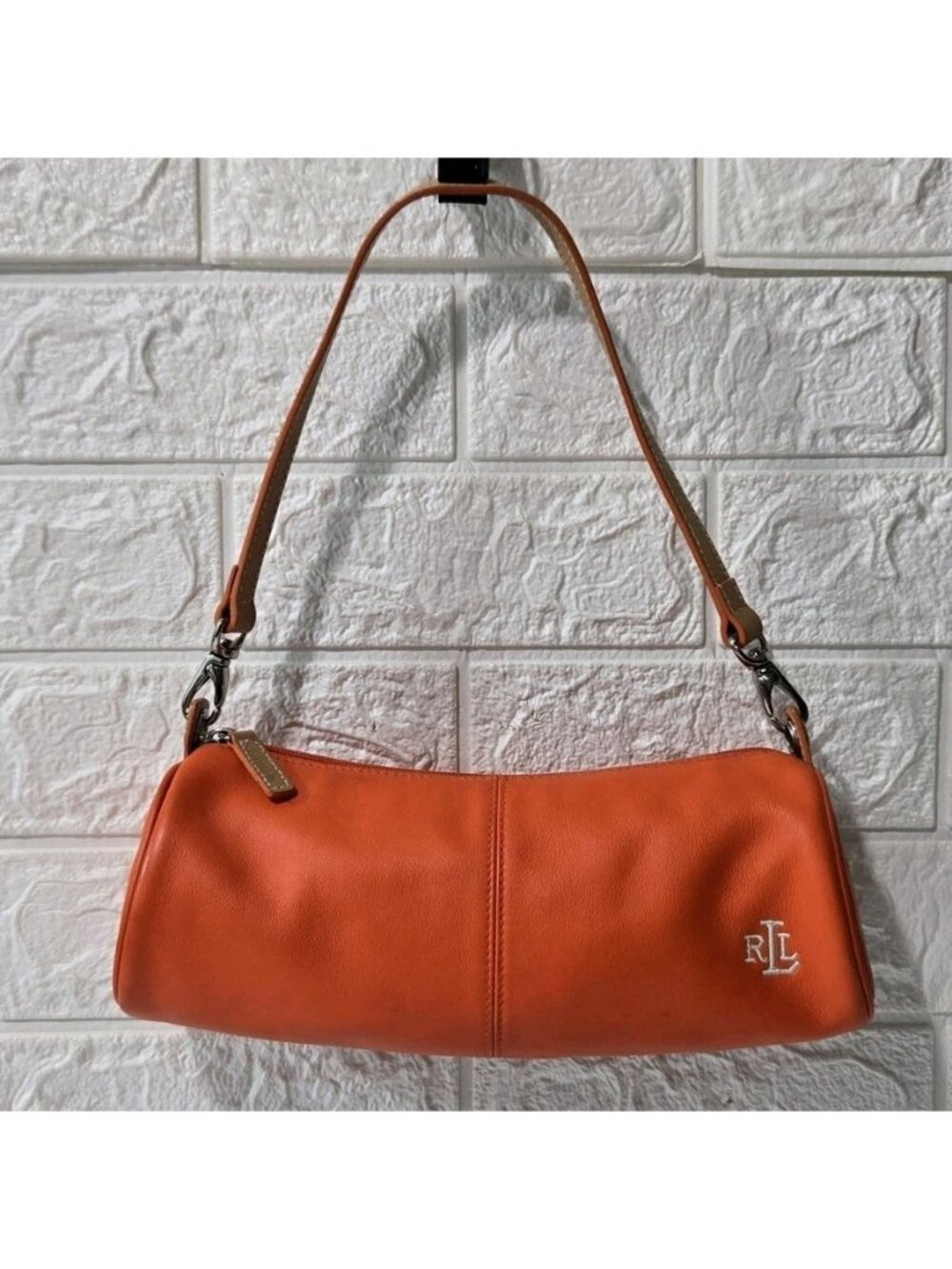 Lauren Ralph Lauren Shoulder Bag Baguette Orange Leather RLL Handbag Purse